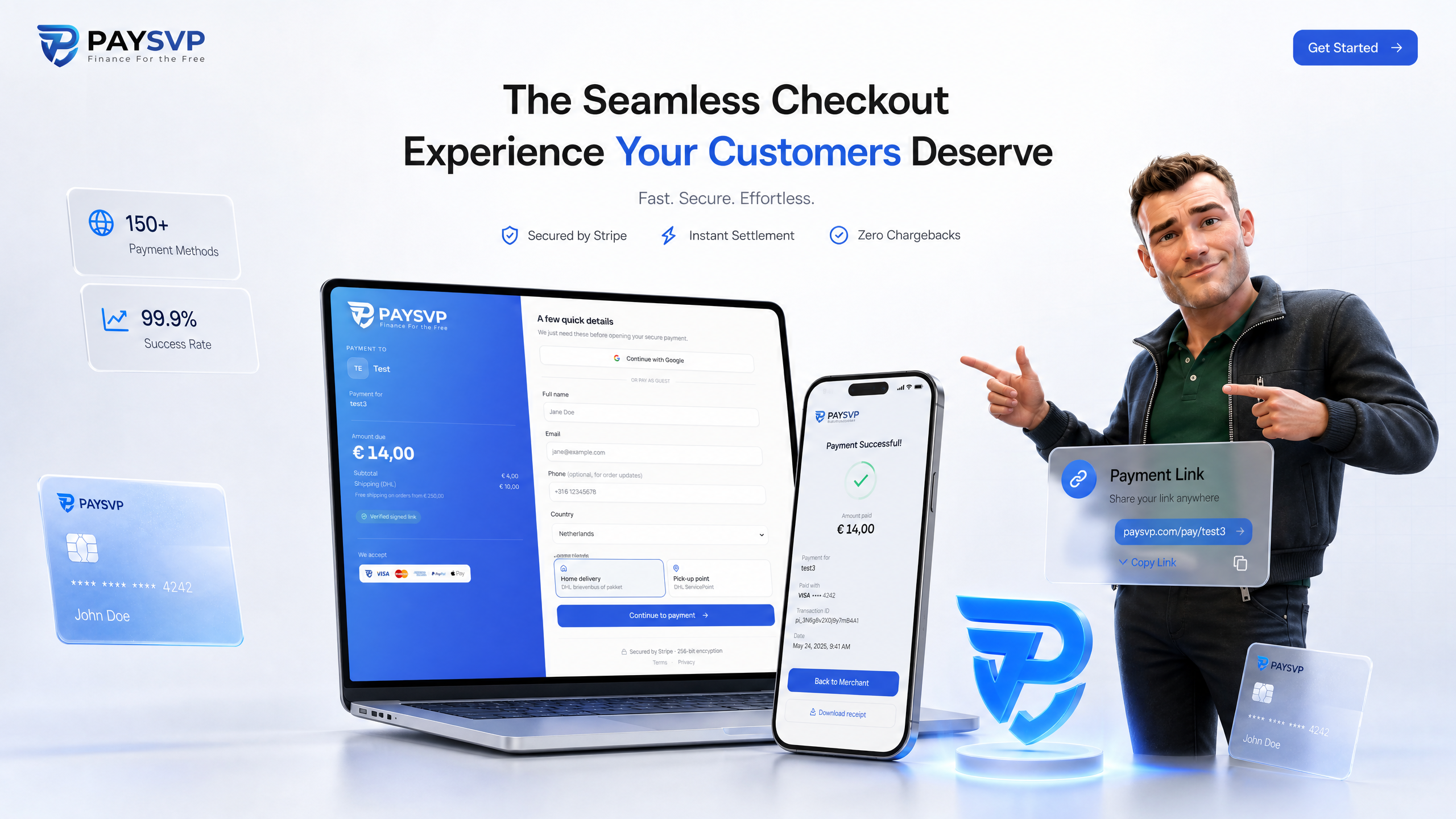 A business owner sending a payment link while a customer pays on a smartphone