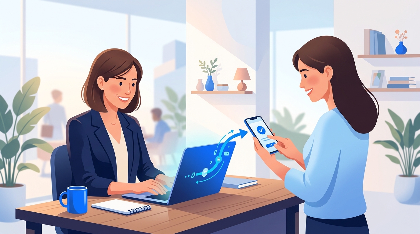 Small business owner sending a payment link while a customer pays by card on a smartphone