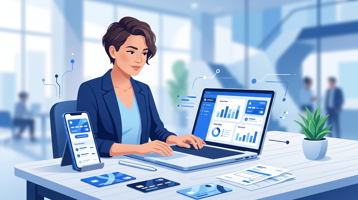 Entrepreneur comparing business banking and payment link options on a laptop