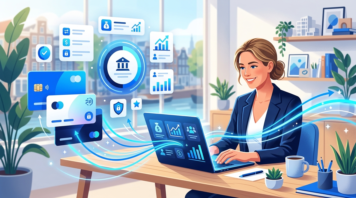 Small business owner comparing a digital business bank account and online payment flow