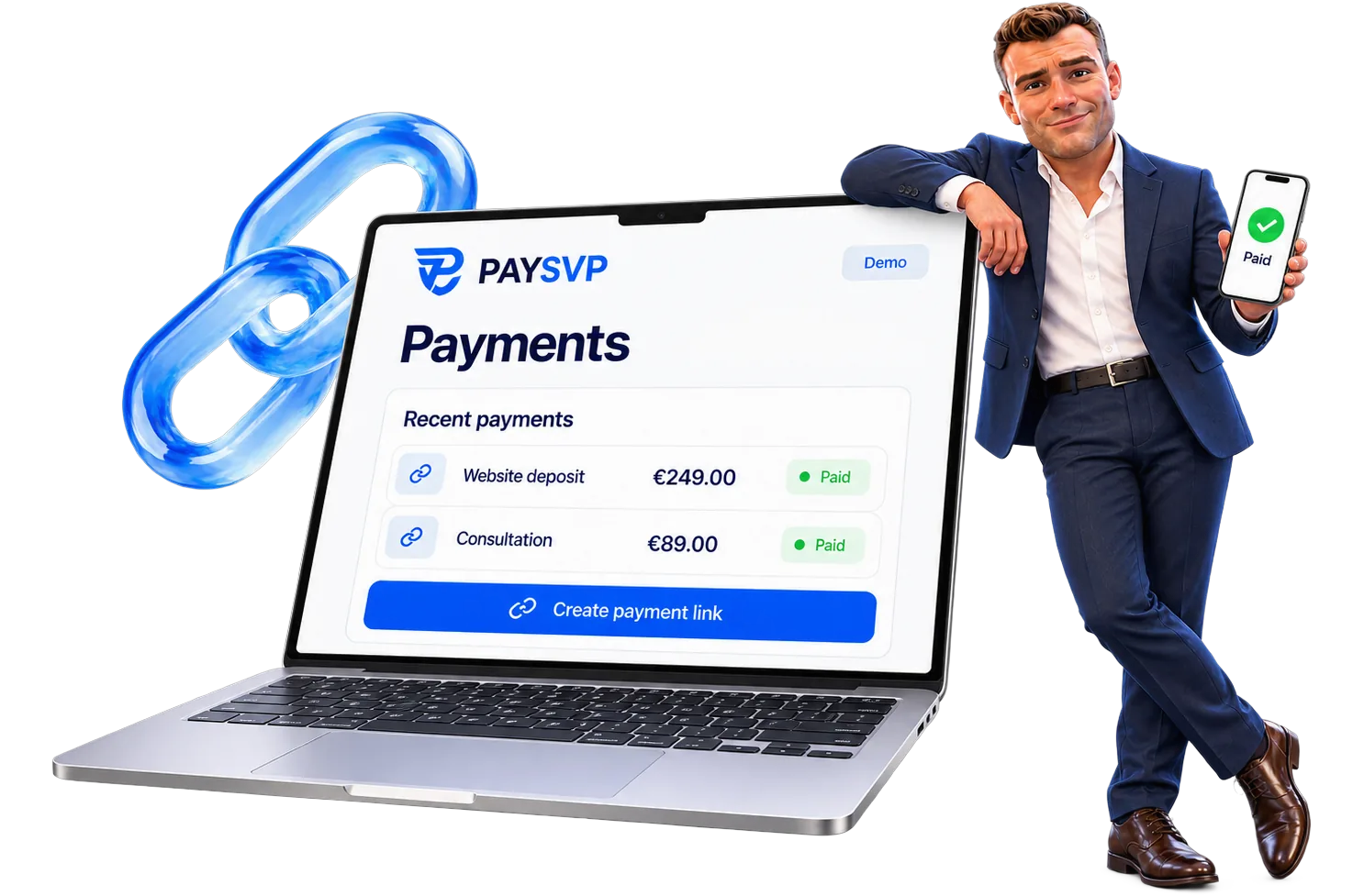 PaySVP payments dashboard on a laptop with a paid confirmation on mobile